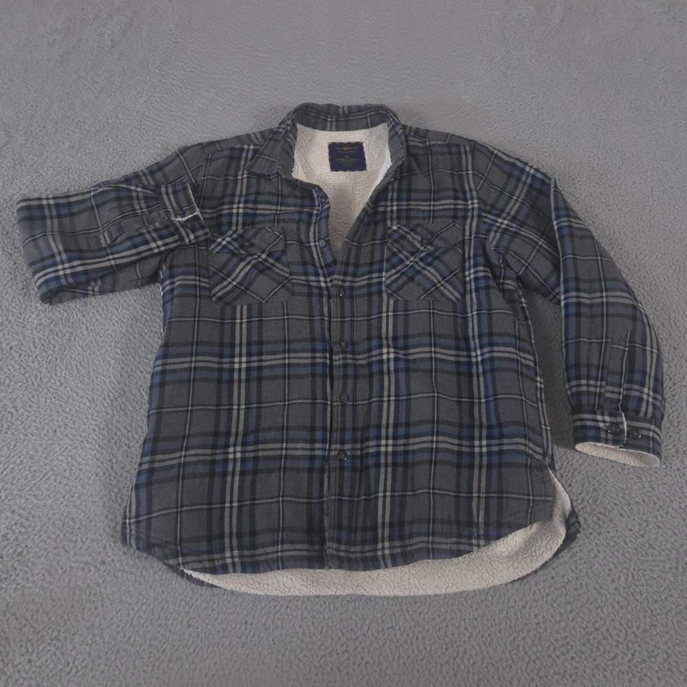 Club Room Jacket Mens XL Grey Blue Plaid Cotton Sherpa Lined Shacket Flannel